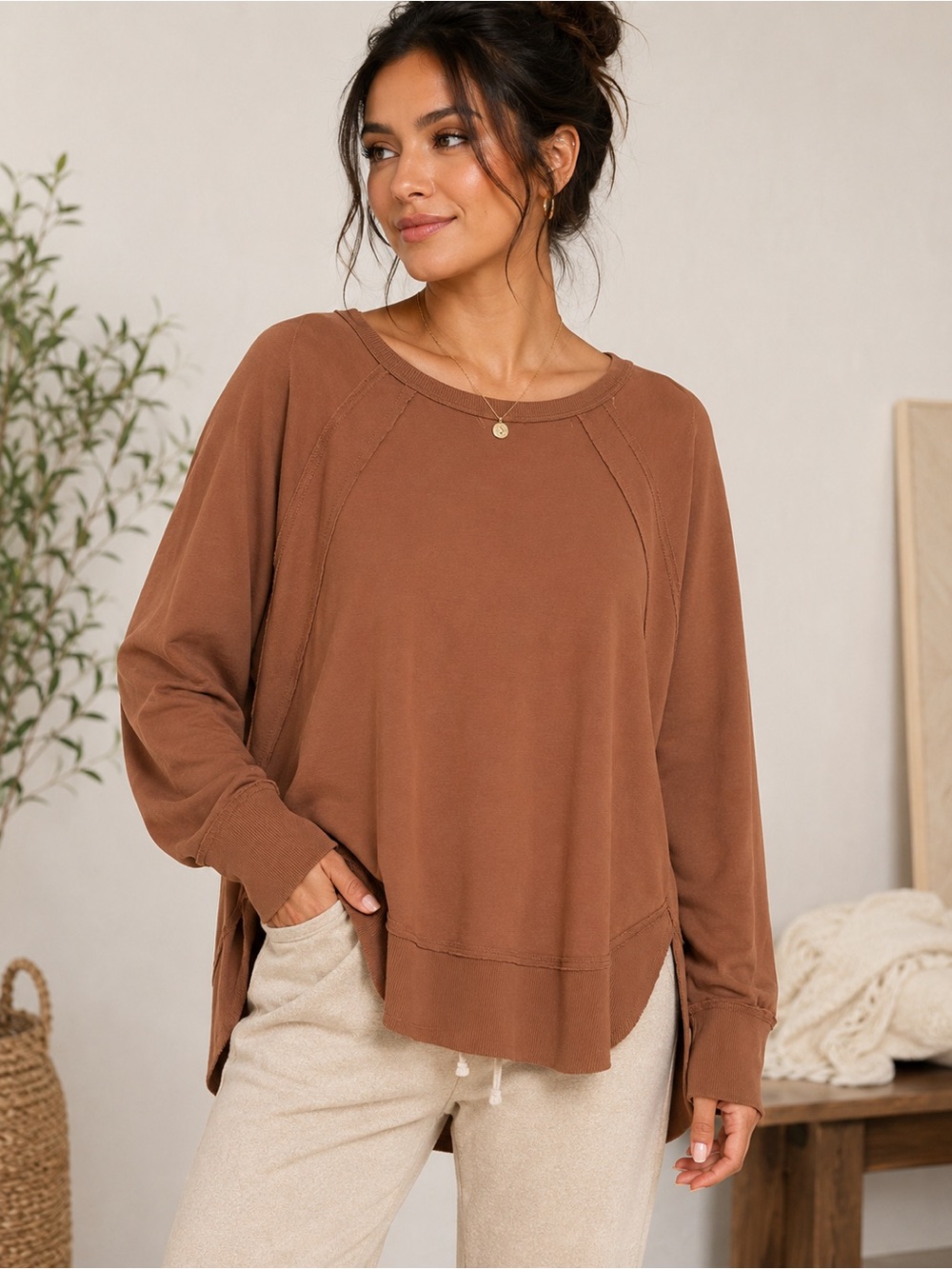 JoyLab Oversized Cinnamon Brown Pullover Sweatshirt Large Athleisure Cozy Top